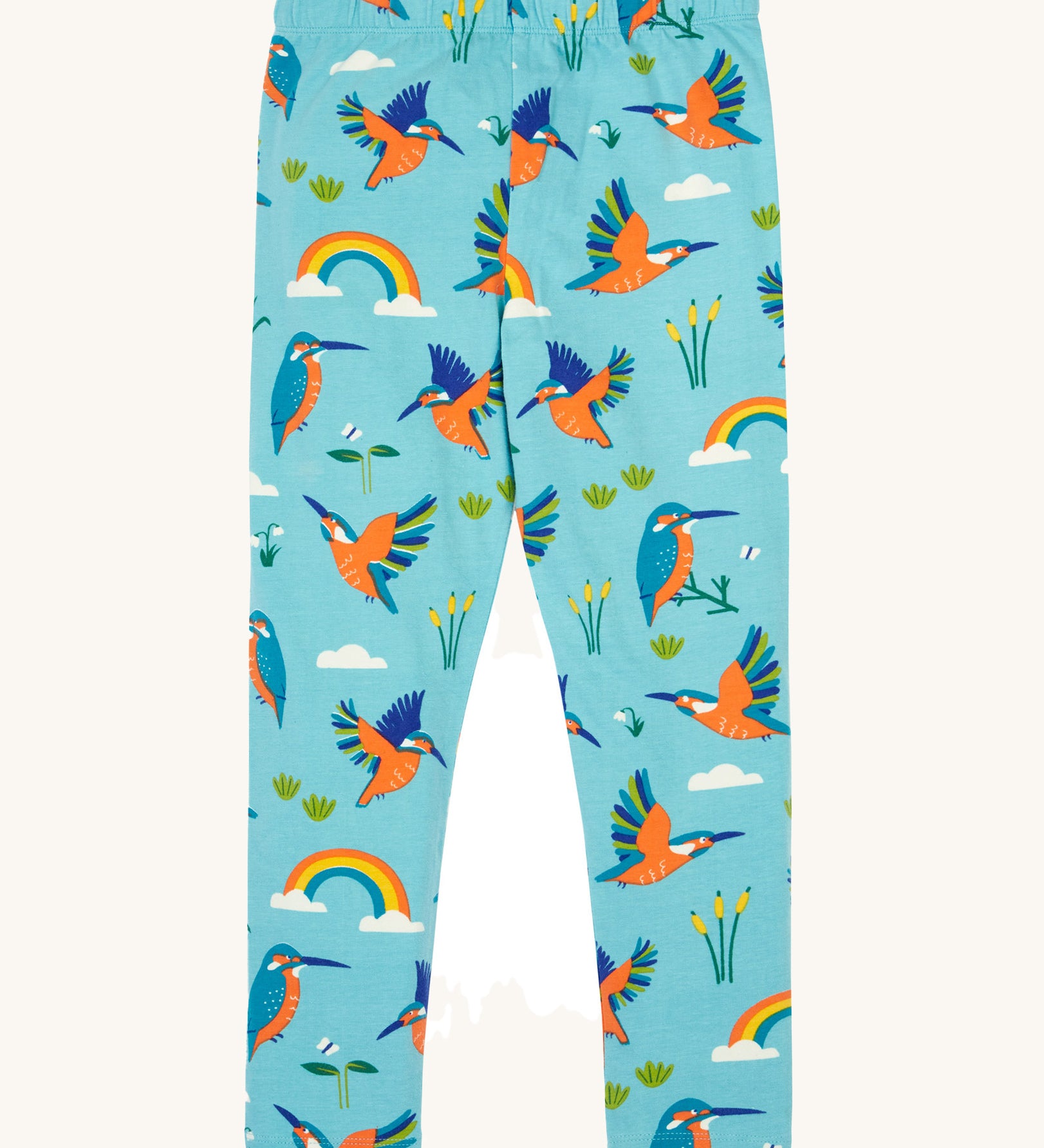 Frugi libby leggings in kingfisher skies available at Babipur. A GOTS organic cotton legging in light blue colour with a kingfisher and rainbow design.