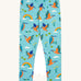 Frugi libby leggings in kingfisher skies available at Babipur. A GOTS organic cotton legging in light blue colour with a kingfisher and rainbow design.