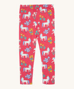 Frugi libby leggings in rose unicorn/floral available at Babipur. A GOTS organic cotton legging in pink with a white unicorn and floral design.