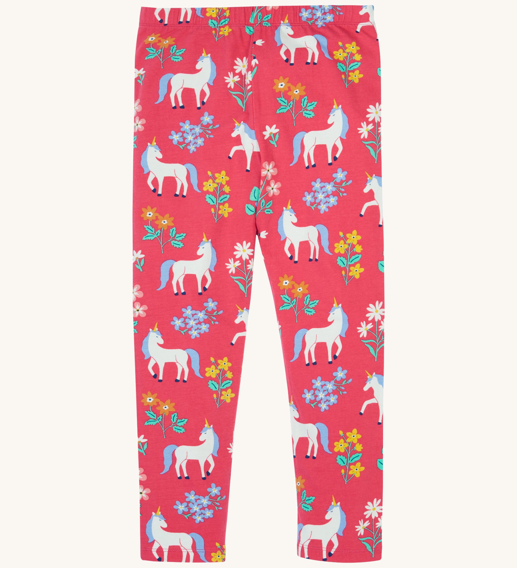 Frugi libby leggings in rose unicorn/floral available at Babipur. A GOTS organic cotton legging in pink with a white unicorn and floral design.