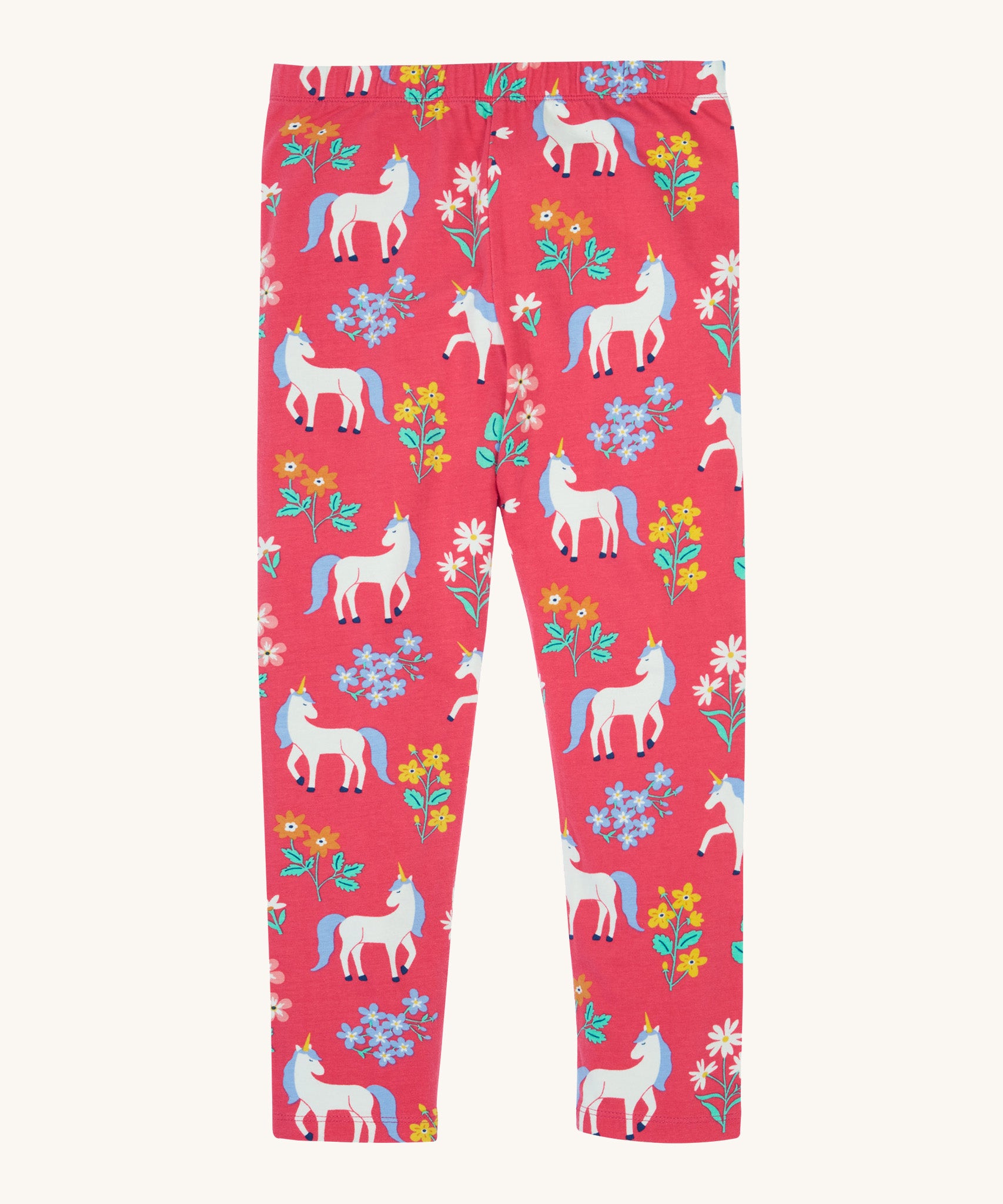 Frugi libby leggings in rose unicorn/floral available at Babipur. A GOTS organic cotton legging in pink with a white unicorn and floral design.