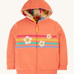 Frugi Ted Fleece Lined Hoody - Cantaloupe/Rainbow. A beautiful peach hoody with colourful stripes and flower print on the front, and a flower pop fleece print inside