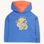 Frugi Lissie Oversized Hoodie - Blue Tang/Be Happy. In a light blue colour design, made from soft organic cotton. The hoodie has long sleeves, a fun Be Happy print on the front and an orange lining in the hood.
