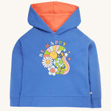 Frugi Lissie Oversized Hoodie - Blue Tang/Be Happy. In a light blue colour design, made from soft organic cotton. The hoodie has long sleeves, a fun Be Happy print on the front and an orange lining in the hood.