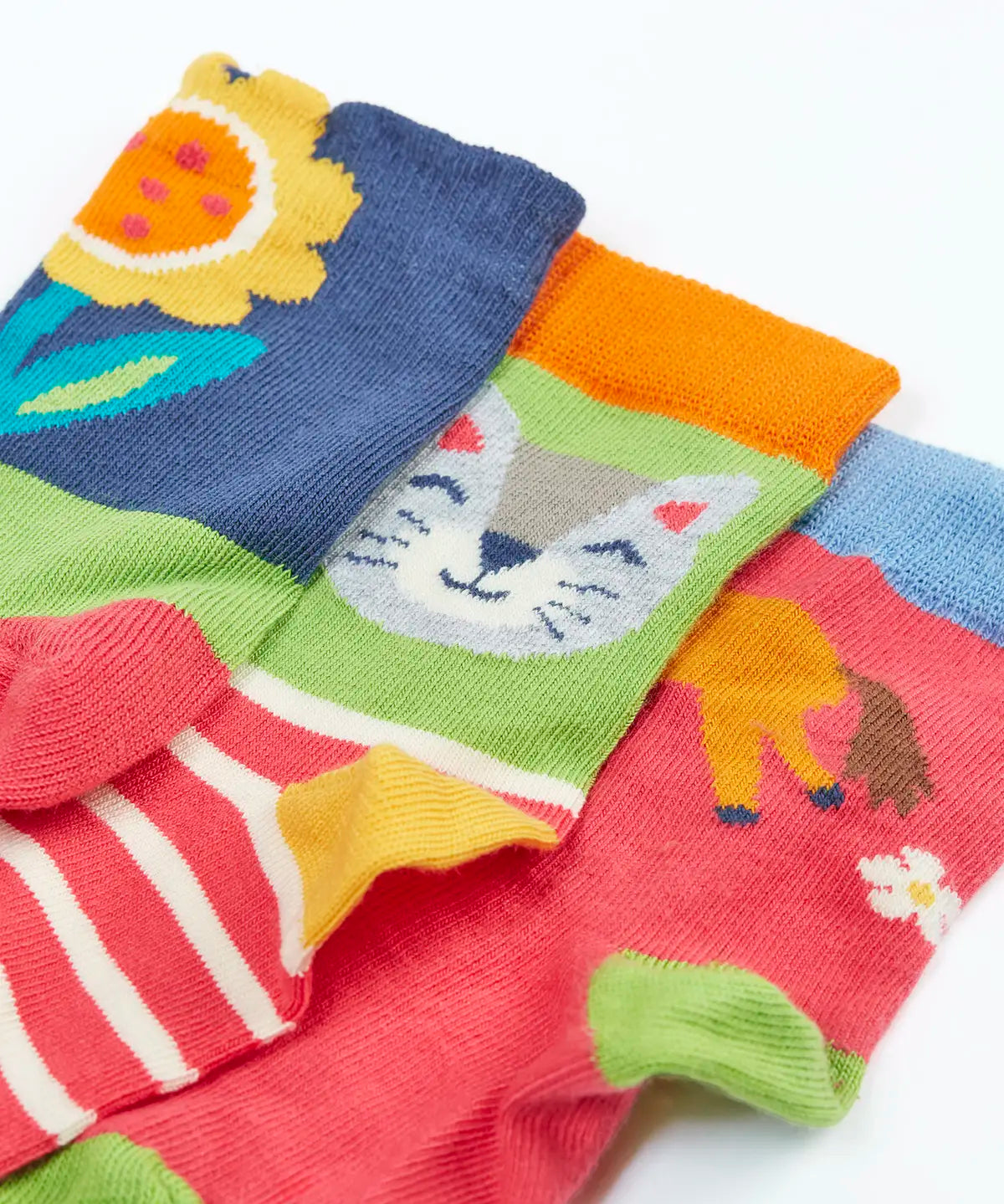 Frugi GOTS 100% organic cotton little socks 3 pack laid flat showing close up of Shetland inspired designs and elasticated cuffs