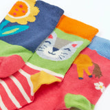 Frugi GOTS 100% organic cotton little socks 3 pack laid flat showing close up of Shetland inspired designs and elasticated cuffs