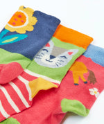 Frugi GOTS 100% organic cotton little socks 3 pack laid flat showing close up of Shetland inspired designs and elasticated cuffs