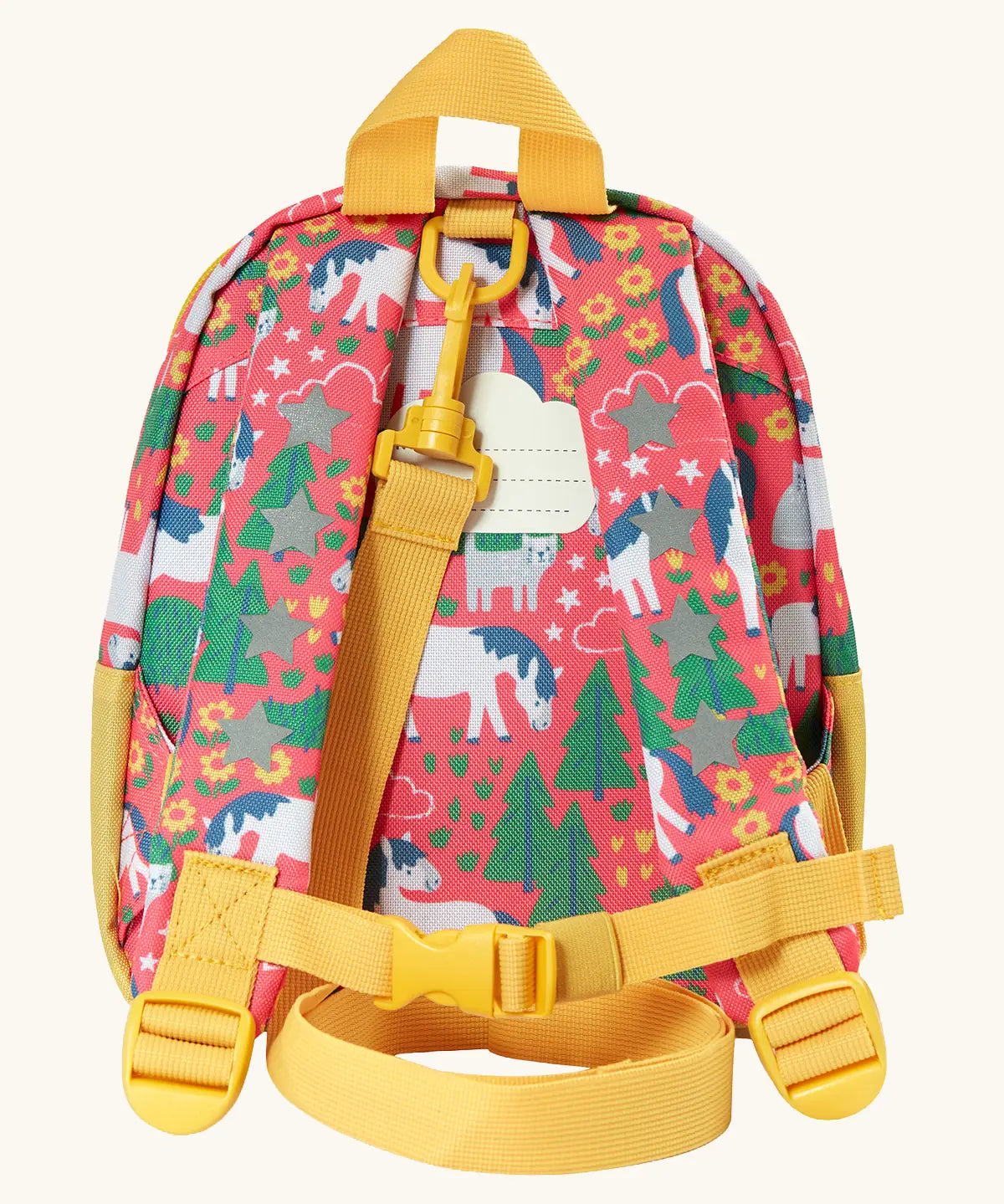 Back of Frugi Shetland skip little adventures backpack. Showing a name tag, buckle fastener on the shoulder strap and handy carry handle