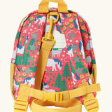 Back of Frugi Shetland skip little adventures backpack. Showing a name tag, buckle fastener on the shoulder strap and handy carry handle
