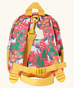 Back of Frugi Shetland skip little adventures backpack. Showing a name tag, buckle fastener on the shoulder strap and handy carry handle