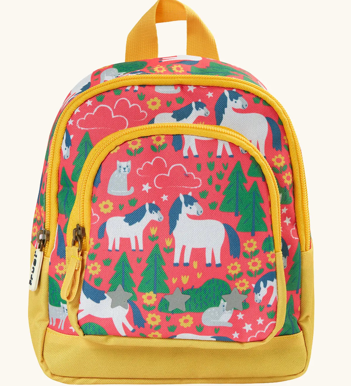 Frugi Shetland skip little adventures backpack. A pink backpack with yellow trim and a repeating Shetland pony and trees design. Features 2 compartments