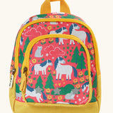 Frugi Shetland skip little adventures backpack. A pink backpack with yellow trim and a repeating Shetland pony and trees design. Features 2 compartments