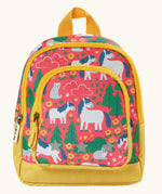 Frugi Shetland skip little adventures backpack. A pink backpack with yellow trim and a repeating Shetland pony and trees design. Features 2 compartments
