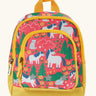 Frugi Shetland skip little adventures backpack. A pink backpack with yellow trim and a repeating Shetland pony and trees design. Features 2 compartments