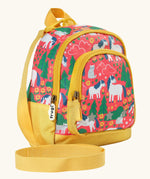 Side of Frugi Shetland skip little adventures backpack. Showing a handy rein attached to the handle and yellow zip details