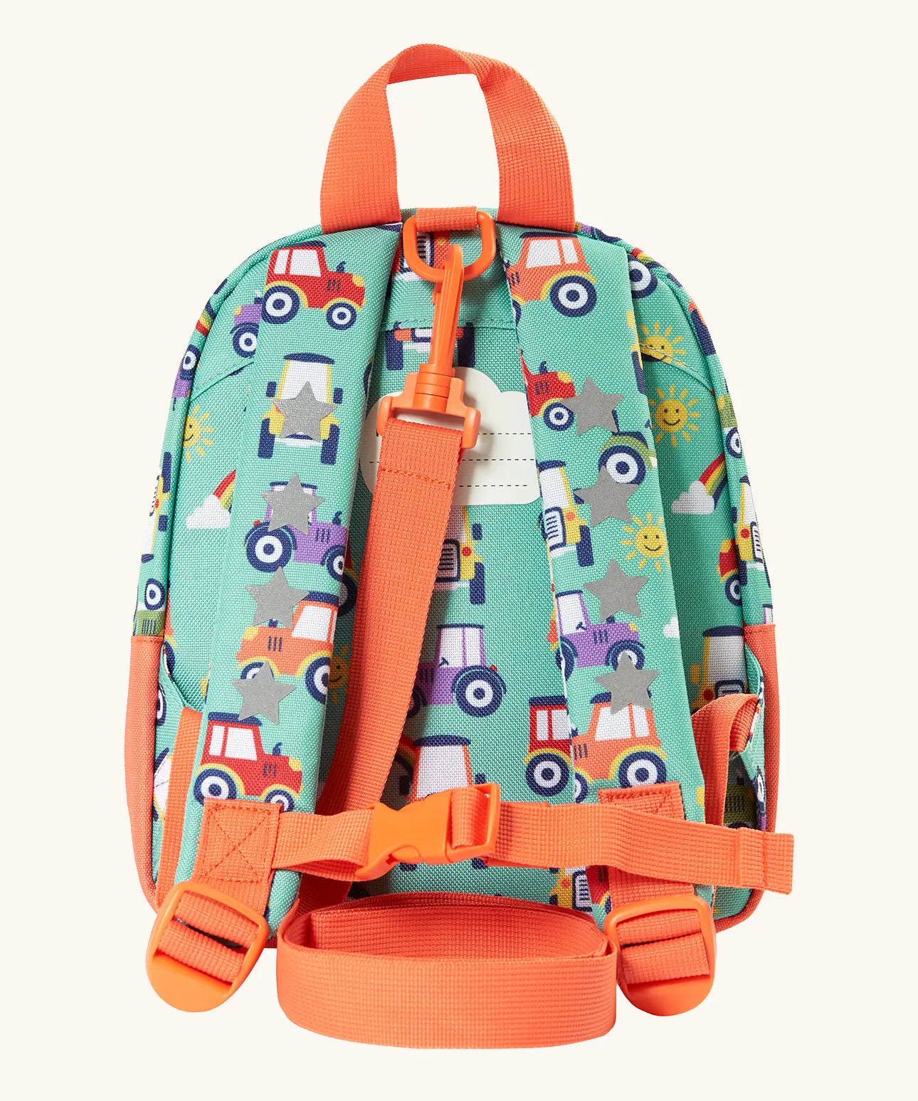 Back of Frugi terrific tractors little adventures backpack. Showing a name tag, buckle fastener on the shoulder strap and handy carry handle