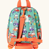 Back of Frugi terrific tractors little adventures backpack. Showing a name tag, buckle fastener on the shoulder strap and handy carry handle