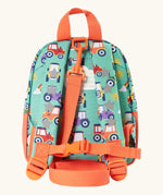 Back of Frugi terrific tractors little adventures backpack. Showing a name tag, buckle fastener on the shoulder strap and handy carry handle