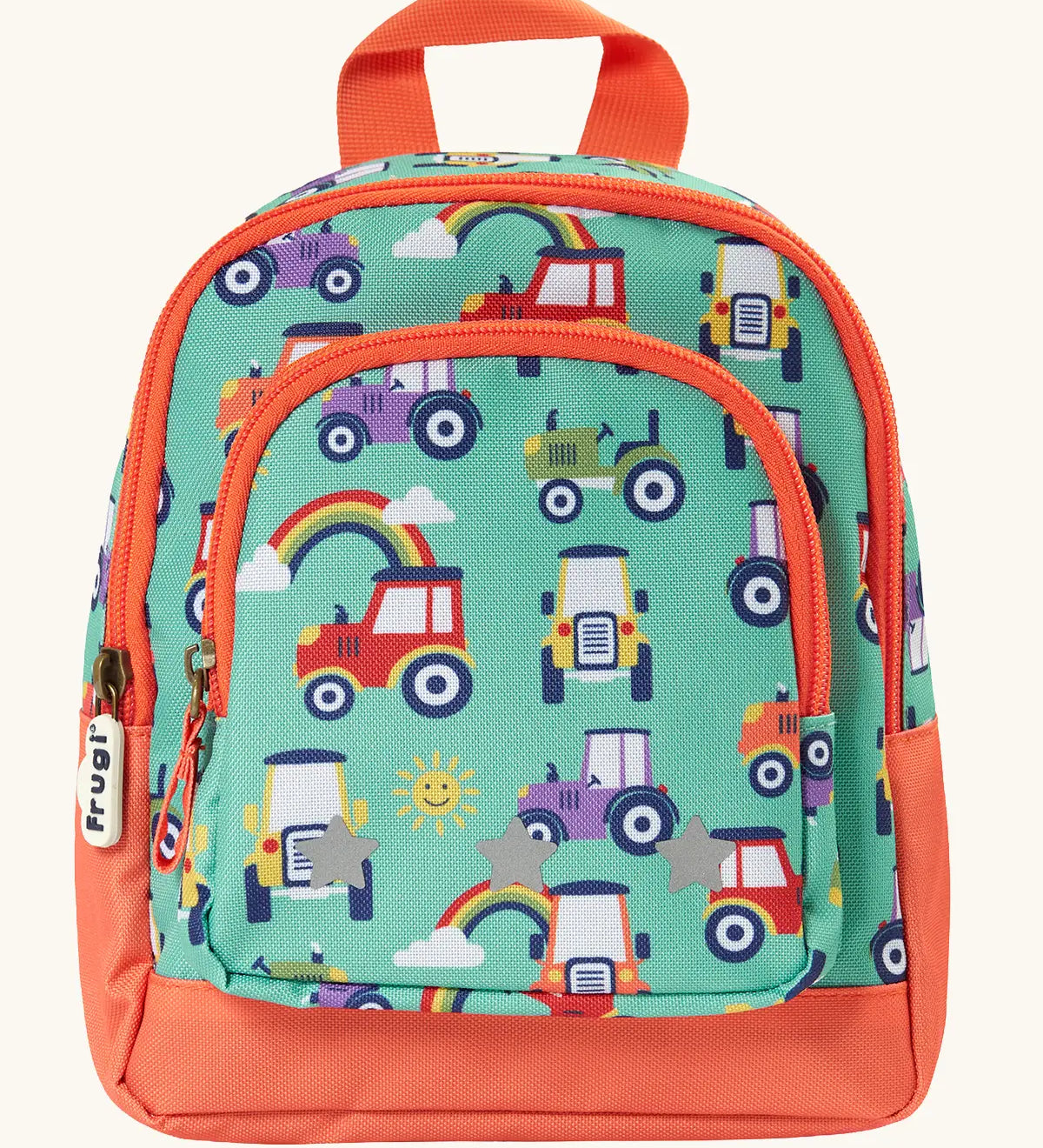 Frugi terrific tractors little adventures backpack. A light green backpack with orange trim and a repeating tractor design. Features 2 compartments
