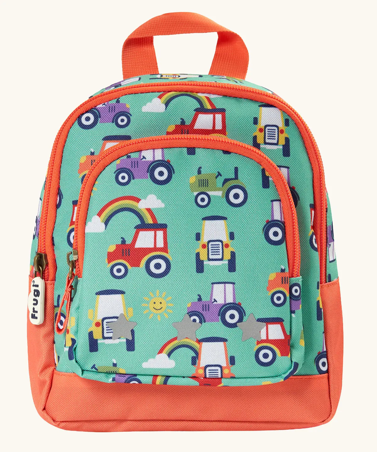 Frugi terrific tractors little adventures backpack. A light green backpack with orange trim and a repeating tractor design. Features 2 compartments