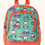 Frugi terrific tractors little adventures backpack. A light green backpack with orange trim and a repeating tractor design. Features 2 compartments