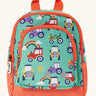Frugi terrific tractors little adventures backpack. A light green backpack with orange trim and a repeating tractor design. Features 2 compartments