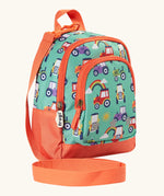 Side of Frugi terrific tractors little adventures backpack. Showing a handy rein attached to the handle and orange zip details