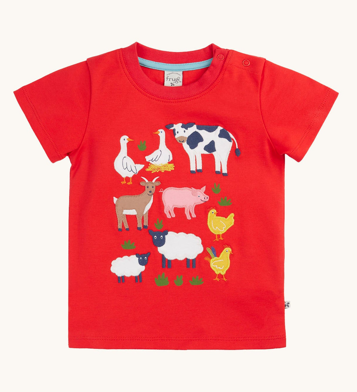 Frugi organic cotton short sleeve t-shirt in red with different fam animal patches on the front.