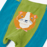 Frugi  knitted leggings in light blue showing a close up of a playful guinea pig design on the back on light blue organic cotton fabric