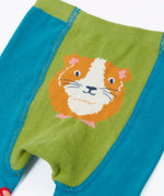 Frugi  knitted leggings in light blue showing a close up of a playful guinea pig design on the back on light blue organic cotton fabric