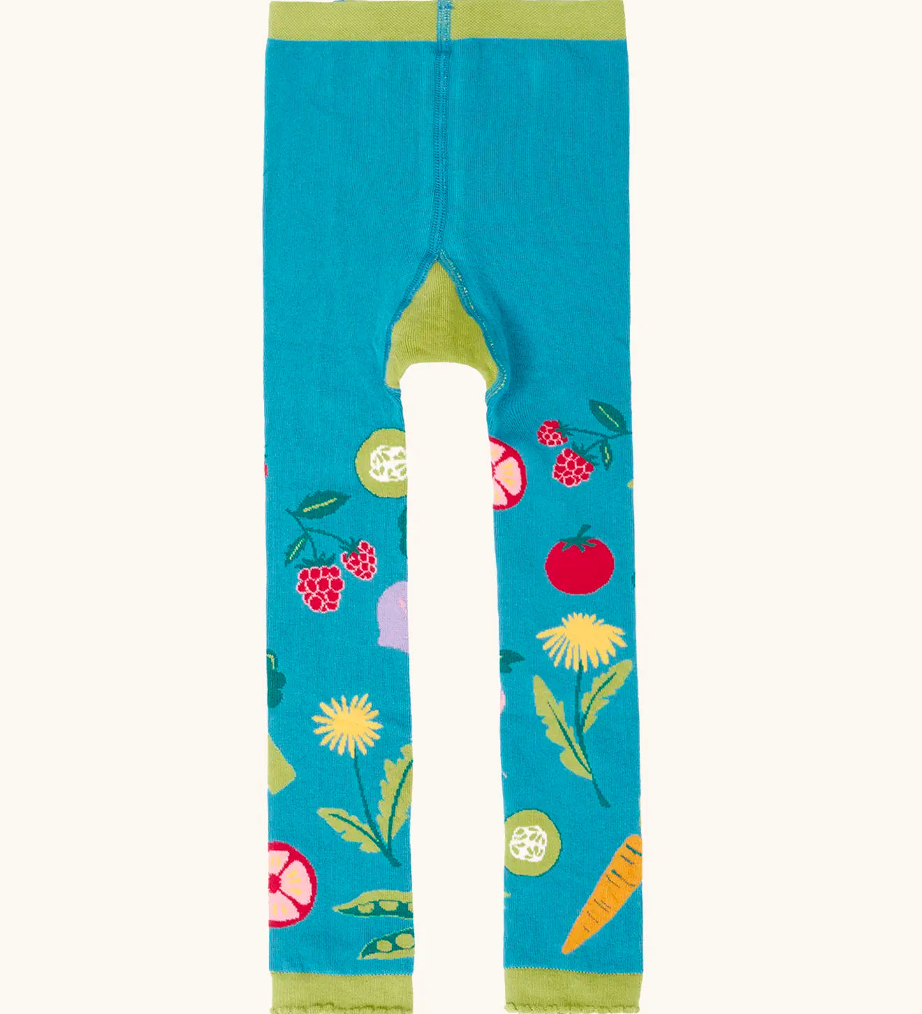Frugi GOTS 100% organic cotton knitted leggings in light blue with mixed vegetable design on the legs and green frill on the cuffs