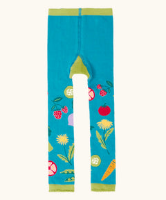 Frugi GOTS 100% organic cotton knitted leggings in light blue with mixed vegetable design on the legs and green frill on the cuffs
