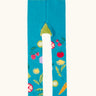 Frugi GOTS 100% organic cotton knitted leggings in light blue with mixed vegetable design on the legs and green frill on the cuffs