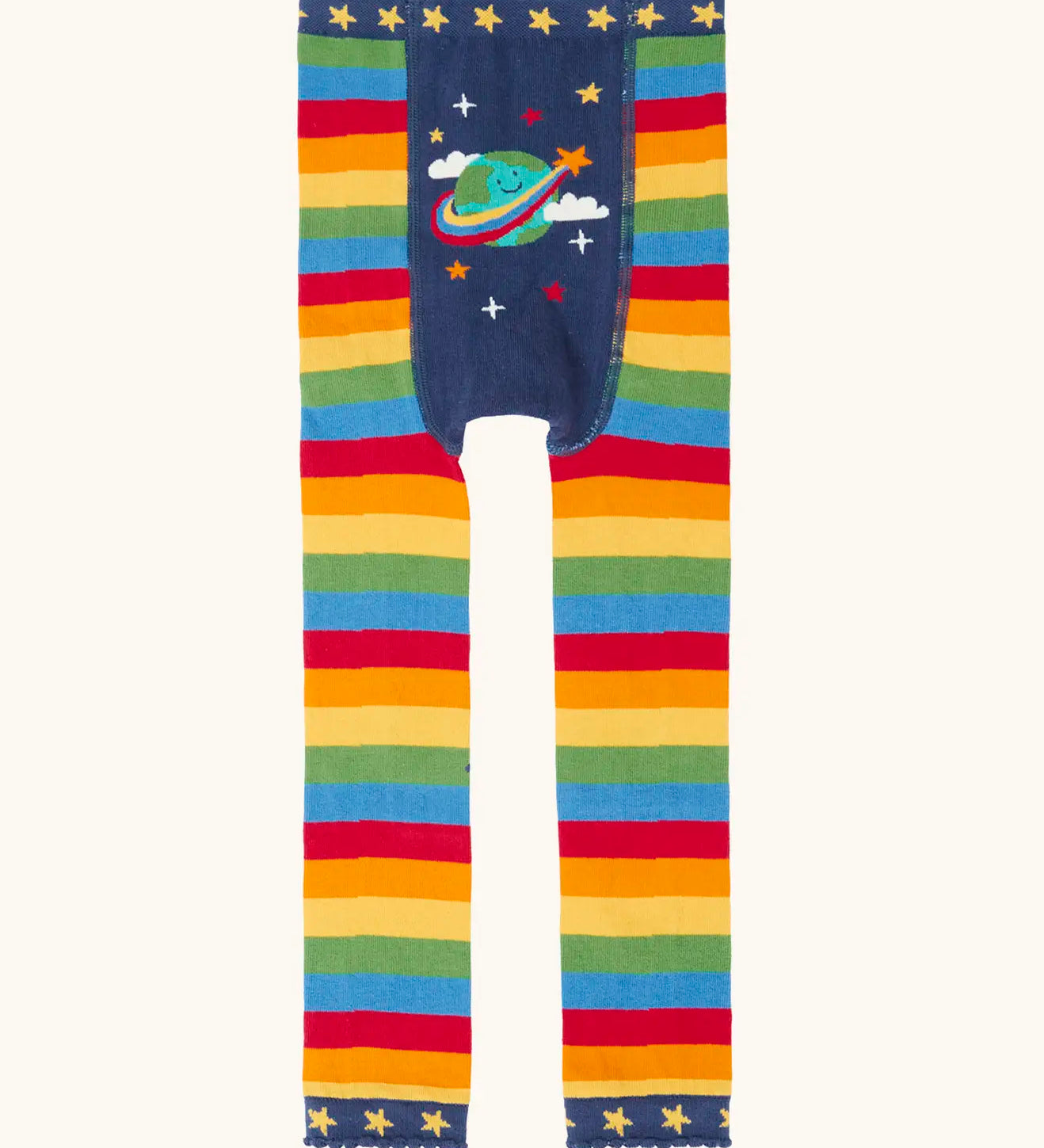 Frugi GOTS 100% organic cotton knitted leggings in rainbow stripes with a cute planet earth on the back and a frill on the leg cuffs 