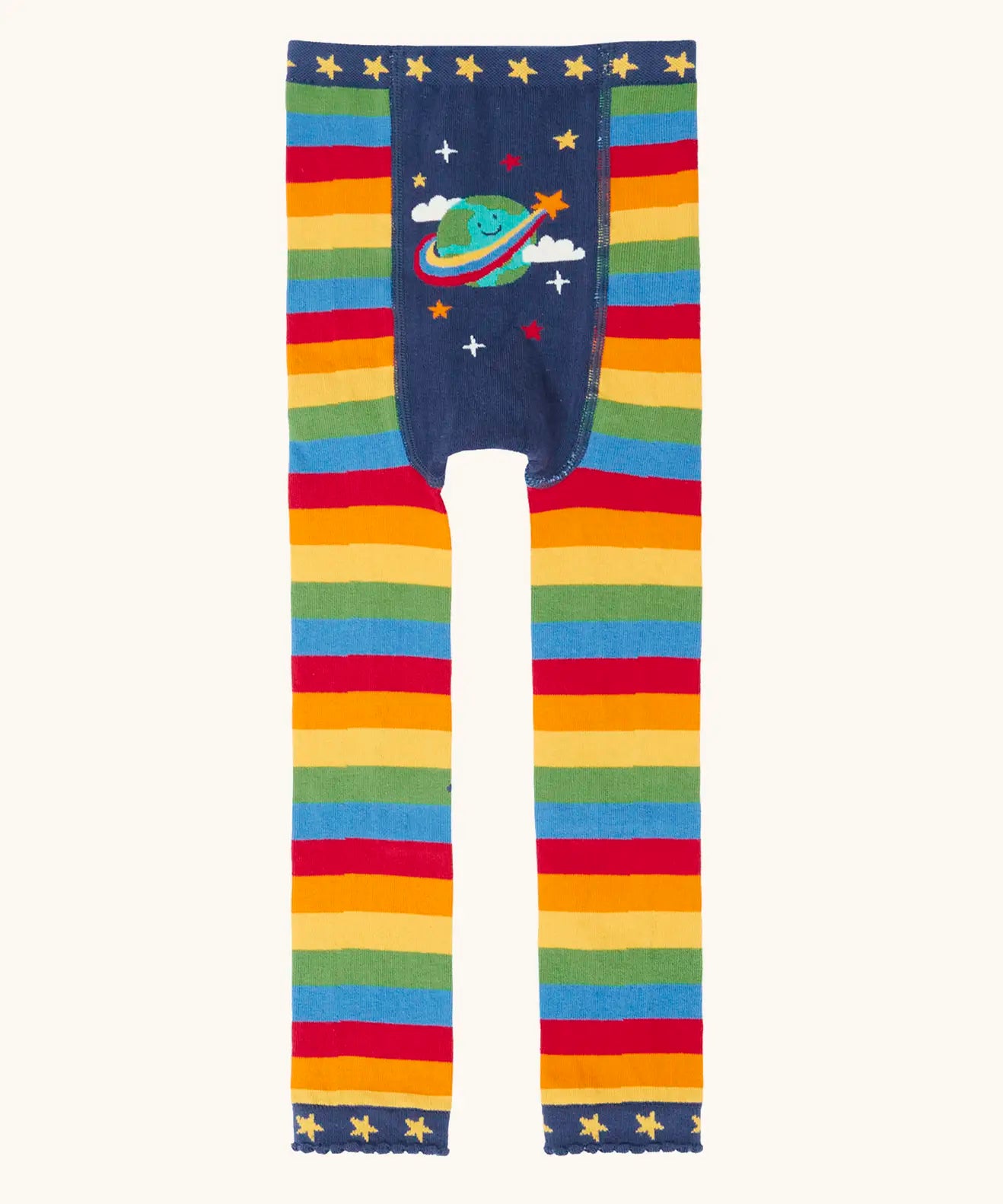 Frugi GOTS 100% organic cotton knitted leggings in rainbow stripes with a cute planet earth on the back and a frill on the leg cuffs 
