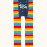 Frugi GOTS 100% organic cotton knitted leggings in rainbow stripes with a cute planet earth on the back and a frill on the leg cuffs 
