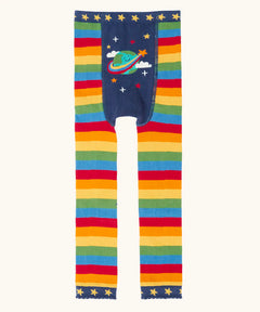 Frugi GOTS 100% organic cotton knitted leggings in rainbow stripes with a cute planet earth on the back and a frill on the leg cuffs 