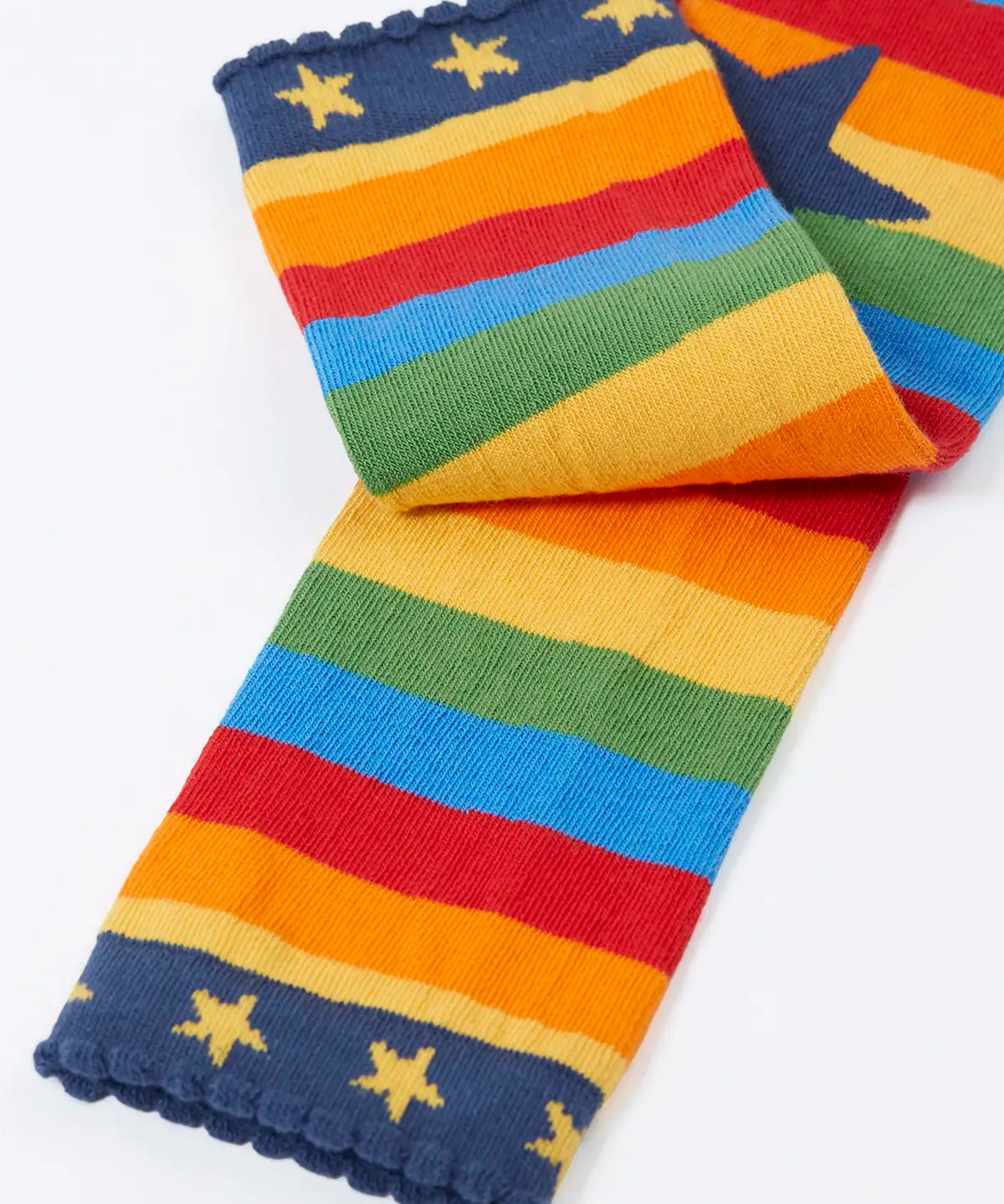Frugi rainbow striped  knitted leggings laid flat showing a close up of the navy frilled leg cuffs