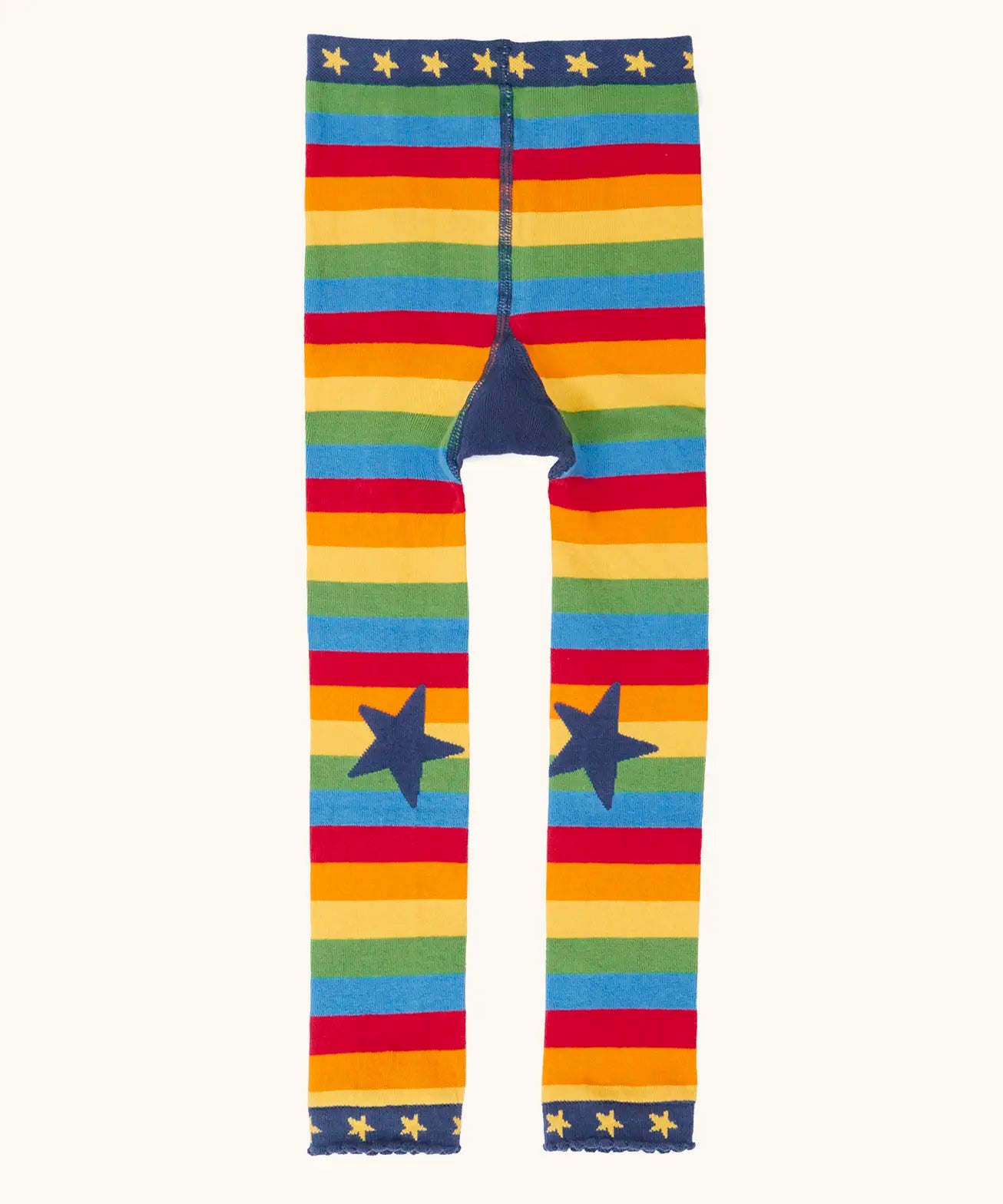 Front of Frugi's GOTS 100% organic cotton knitted leggings in rainbow stripes with navy star knee patches