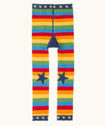Front of Frugi's GOTS 100% organic cotton knitted leggings in rainbow stripes with navy star knee patches