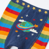 Frugi rainbow striped  knitted leggings laid flat showing the cute planet earth on the back on organic cotton fabric
