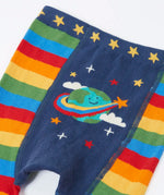 Frugi rainbow striped  knitted leggings laid flat showing the cute planet earth on the back on organic cotton fabric