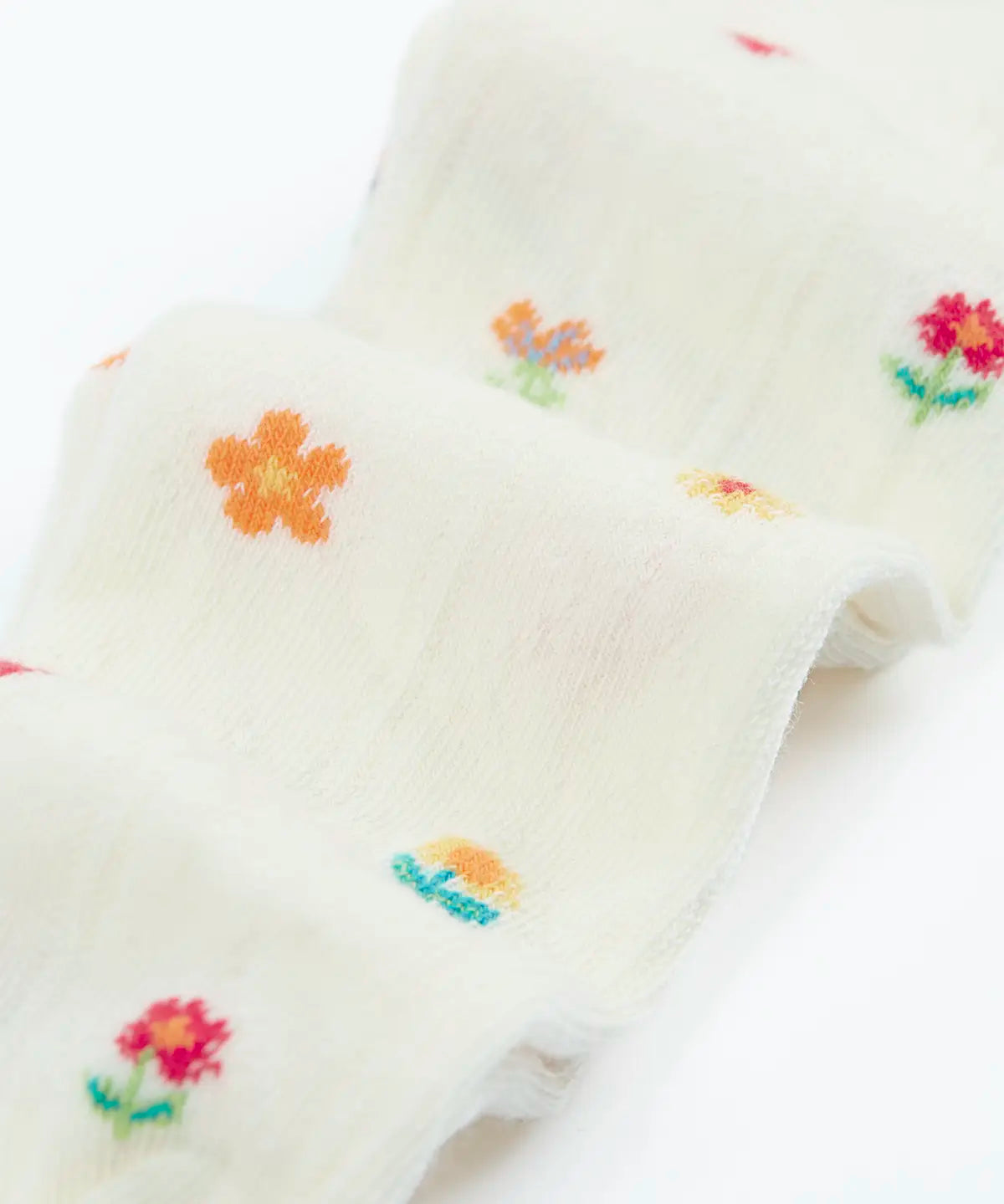Frugi little pointelle kids tights in soft white showing a close up of a repeating floral and heart design on white organic cotton fabric