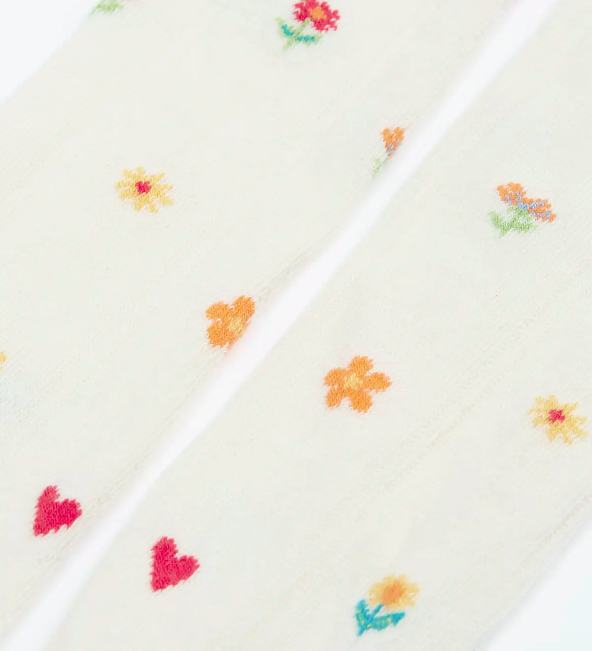 Pair of Frugi little pointelle kids tights in soft white laid flat showing a close up of the repeating floral and heart design on white organic cotton fabric