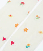 Pair of Frugi little pointelle kids tights in soft white laid flat showing a close up of the repeating floral and heart design on white organic cotton fabric