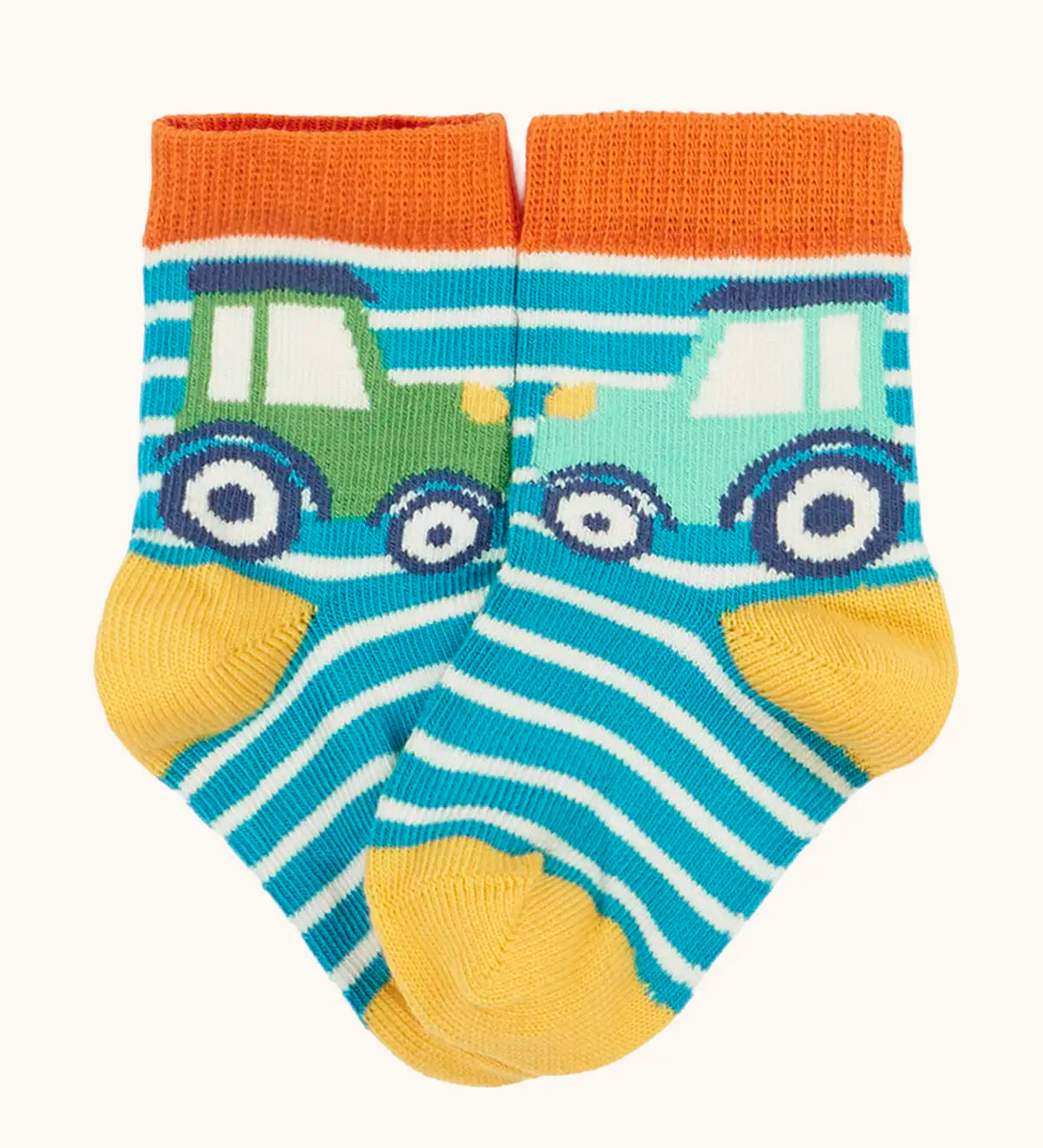 Frugi GOTS 100% organic cotton little socks in blue and white stripes with a playful tractor design