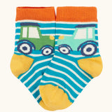 Frugi GOTS 100% organic cotton little socks in blue and white stripes with a playful tractor design