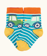 Frugi GOTS 100% organic cotton little socks in blue and white stripes with a playful tractor design