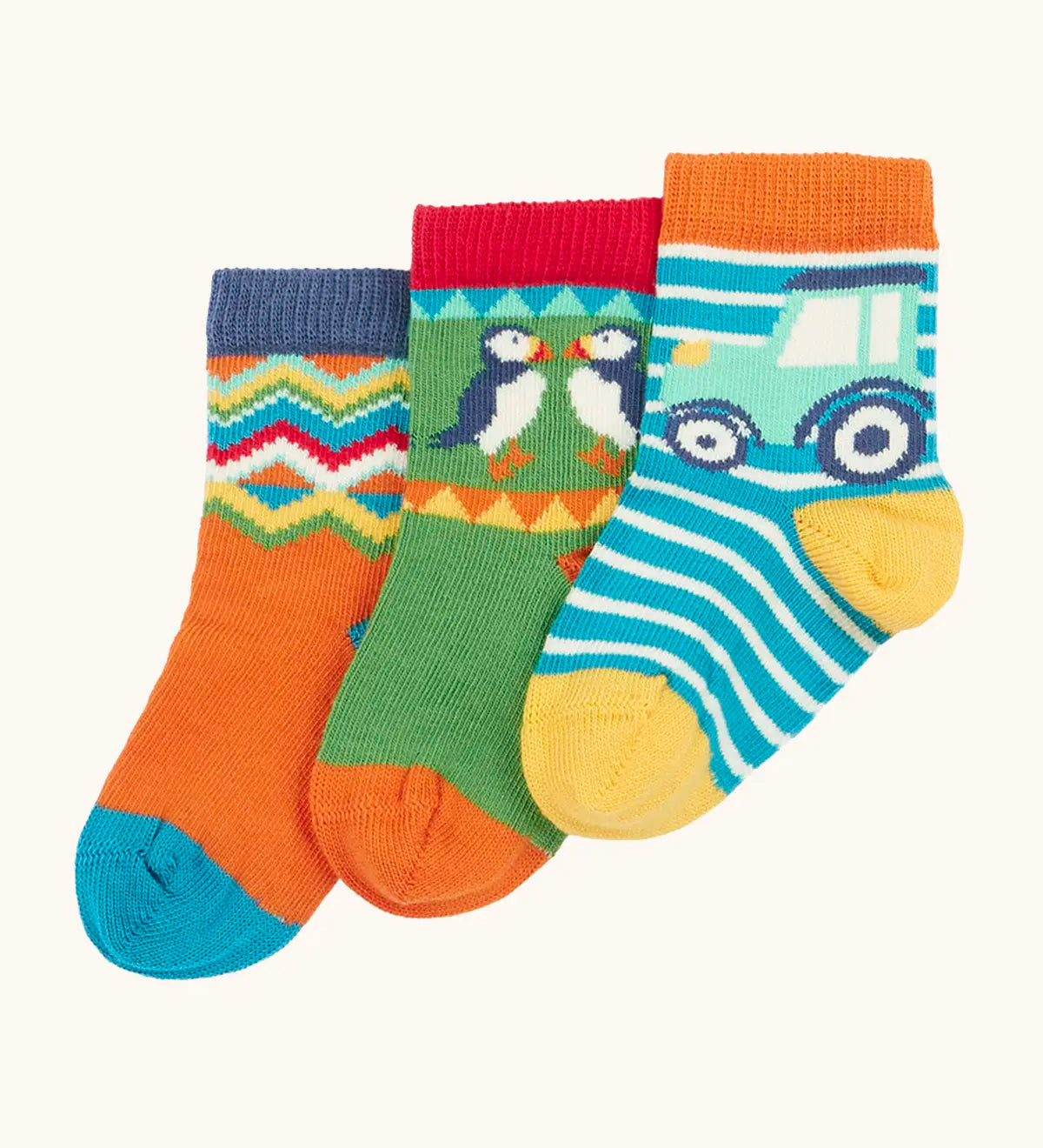 Frugi GOTS 100% organic cotton little socks 3 pack in a farm and fairisle inspired designs