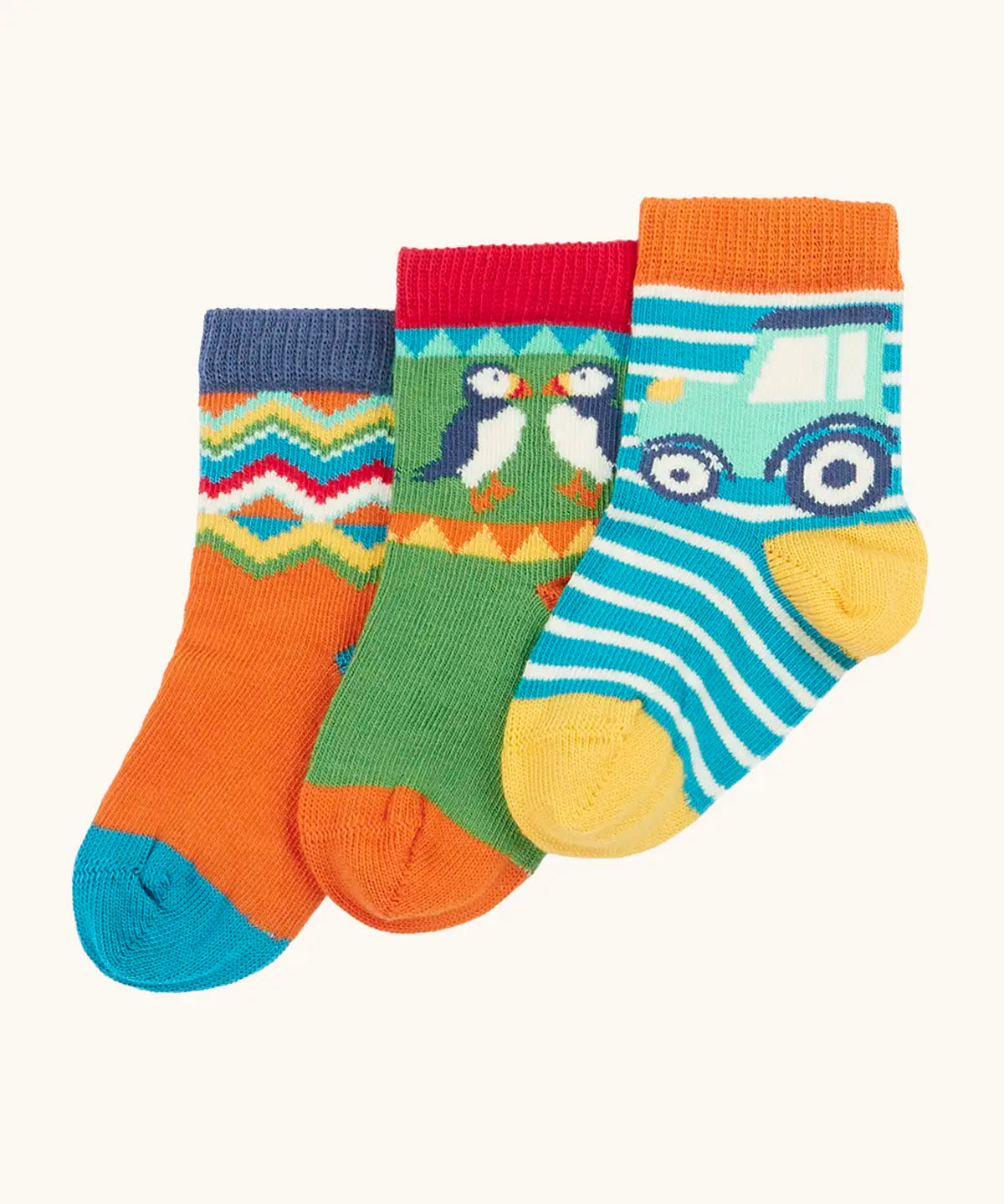 Frugi GOTS 100% organic cotton little socks 3 pack in a farm and fairisle inspired designs